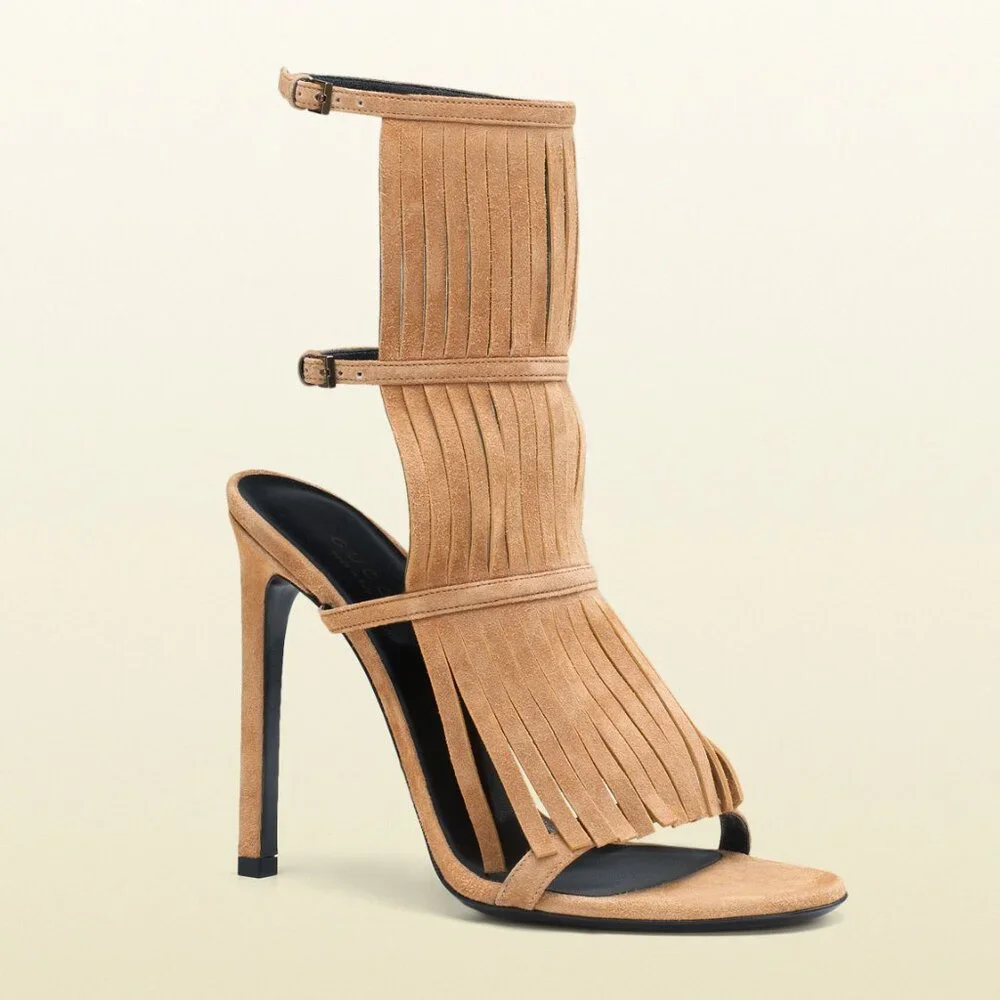 GUCCI SHOES BECKY BEIGE SUEDE FRINGED HIGH HEEL SANDAL sz 36.5 / 6.5 - Picture 9 of 9